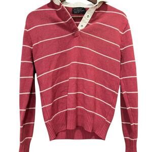 Women's Vintage “Knitivo” Pink & White Striped Cream Collared Sweater